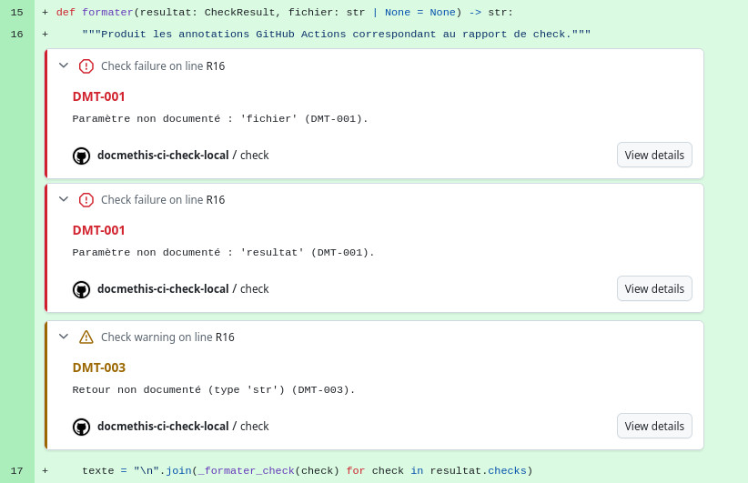 Exemple d’annotation CI DocMeThis dans une pull request